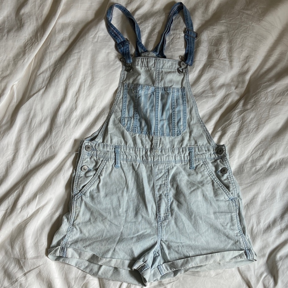 American Eagle Outfitters Blue Striped Denim Overalls